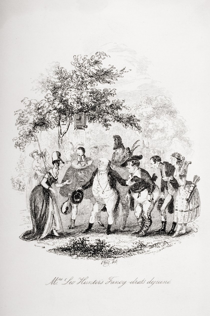 Rouva Leo Hunterin Fancy-dress dejeune, kuvitus Charles Dickensin (1812-70) Pickwick Papersista, julkaistu 1837 tekijältä Hablot Knight Browne