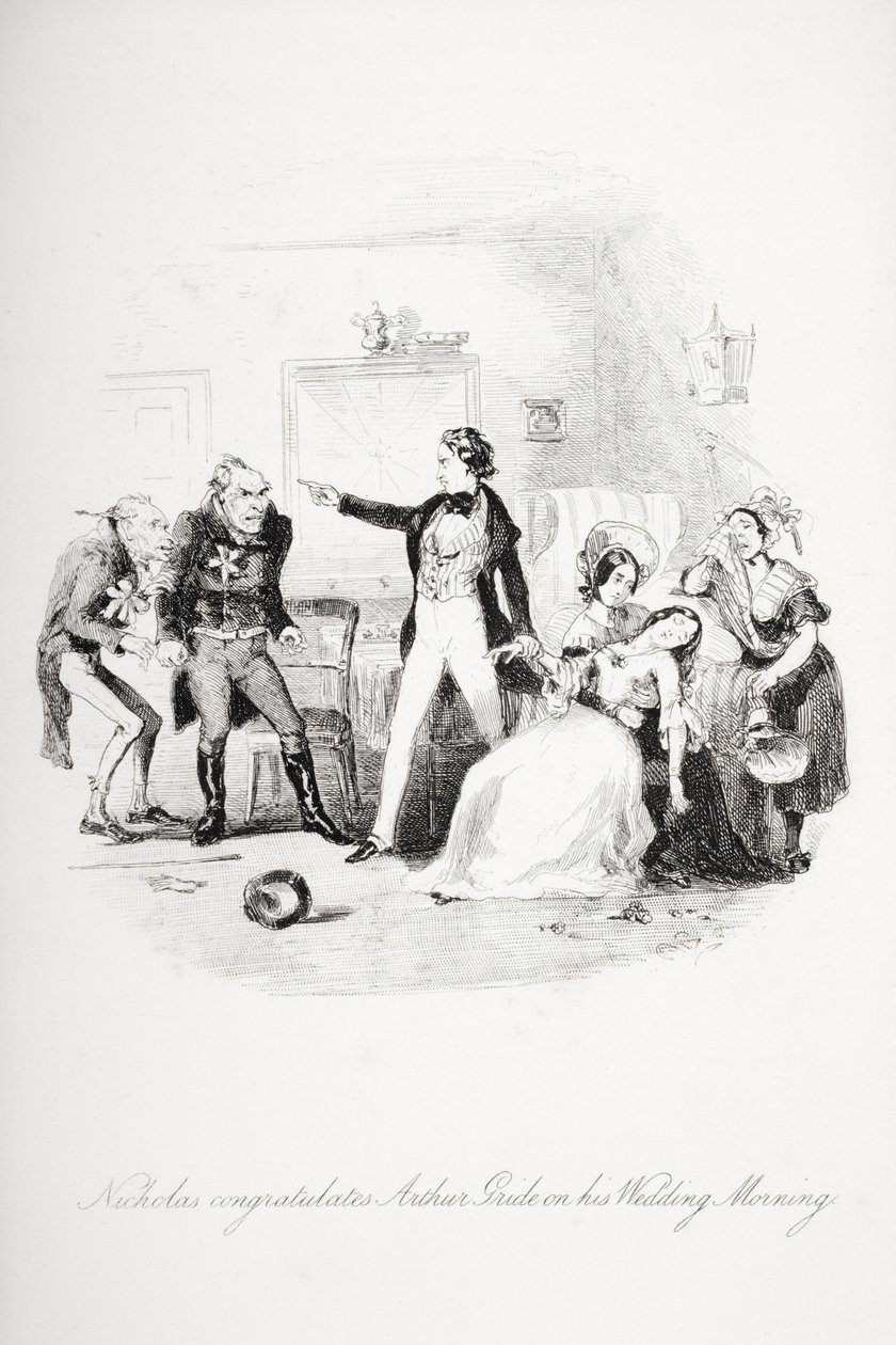 Nicholas onnittelee Arthur Gridea hääaamuna, kuvitus Charles Dickensin (1812-70) "Nicholas Nicklebystä" julkaistiin 1839 (katso myös 259152) tekijältä Hablot Knight Browne