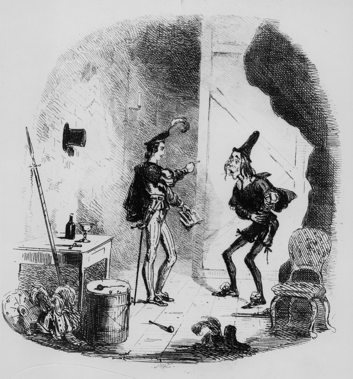 Nicholas opastaa Smikea näyttelemisen taiteessa, kuvitus Charles Dickensin (1812-70) Nicholas Nicklebystä, julkaistu 1839 (litho) tekijältä Hablot Knight Browne