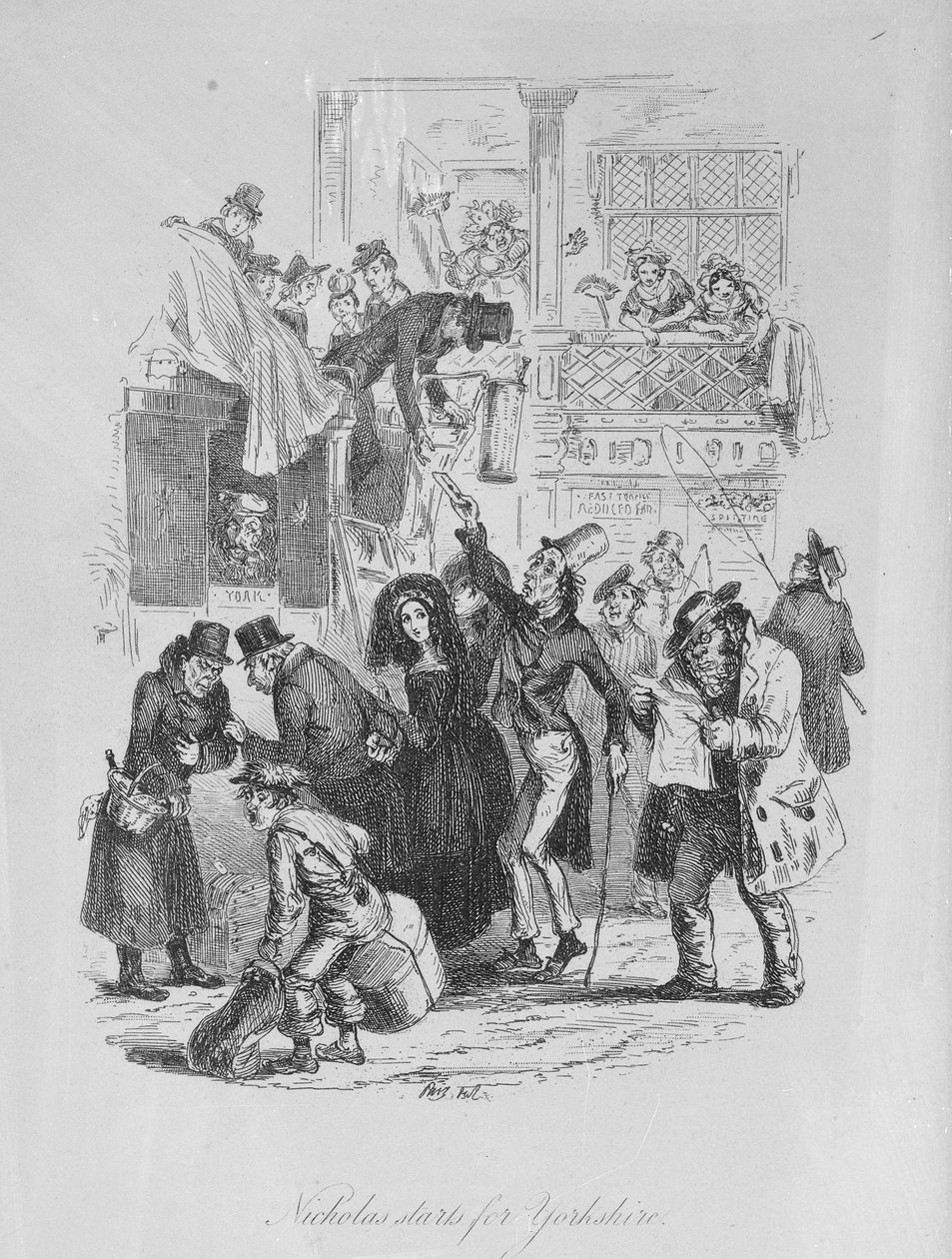 Nicholas lähtee Yorkshireen, kuvitus Charles Dickensin (1812-70) teoksesta "Nicholas Nickleby", julkaistu 1839 (litho) tekijältä Hablot Knight Browne