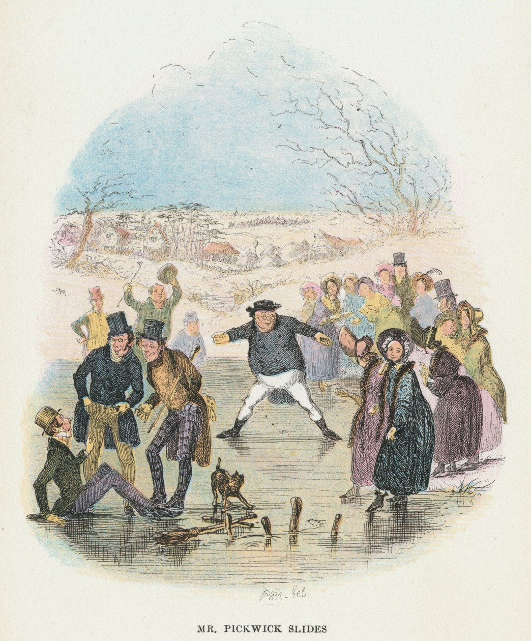 Kohtaus Charles Dickensin Pickwick Papersista, 1836 tekijältä Hablot Knight Browne
