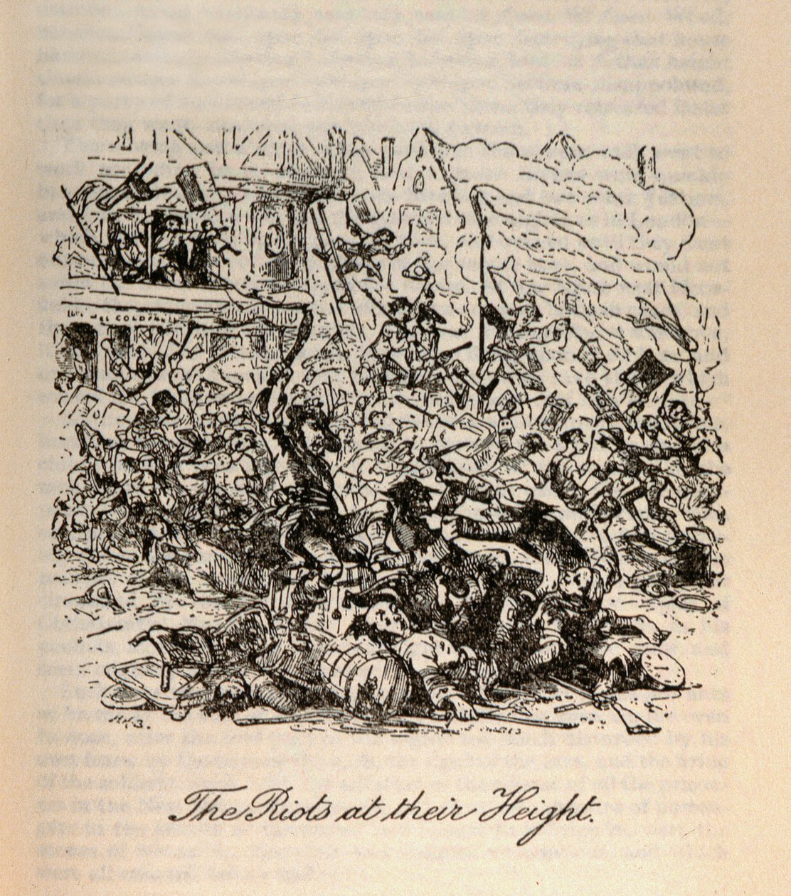 "The Riots at their Height", Charles Dickensin (1812-70) "Barnaby Rudgesta" tekijältä Hablot Knight Browne
