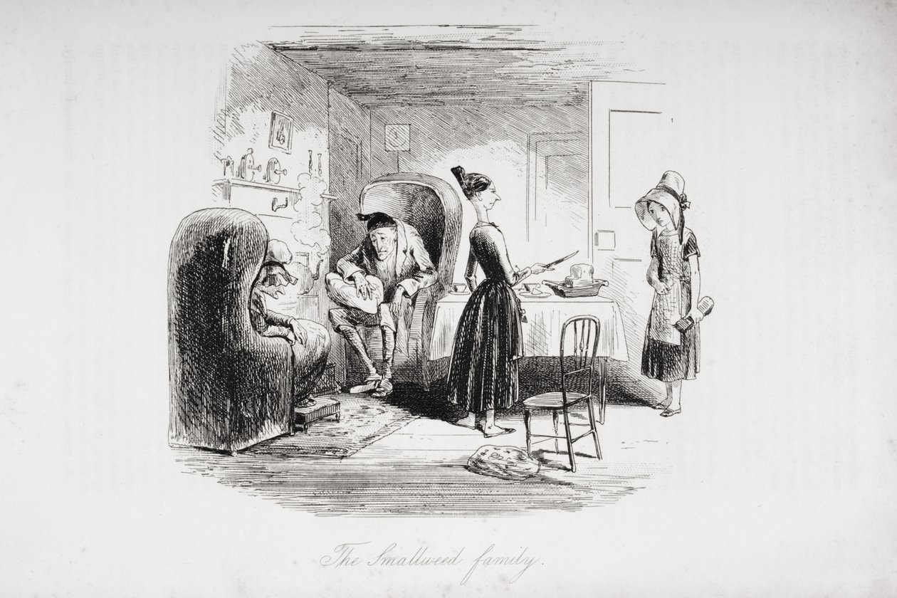 Smallweed-perhe, kuvitus Charles Dickensin (1812-70) teoksesta "Bleak House", julkaistu 1853 tekijältä Hablot Knight Browne