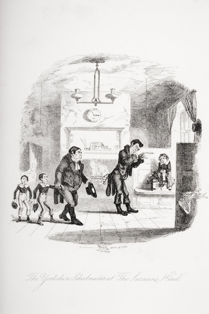 Yorkshiren koulumestari Saraseenien päässä, kuvitus Charles Dickensin (1812-70) Nicholas Nicklebystä, julkaistu 1839 tekijältä Hablot Knight Browne