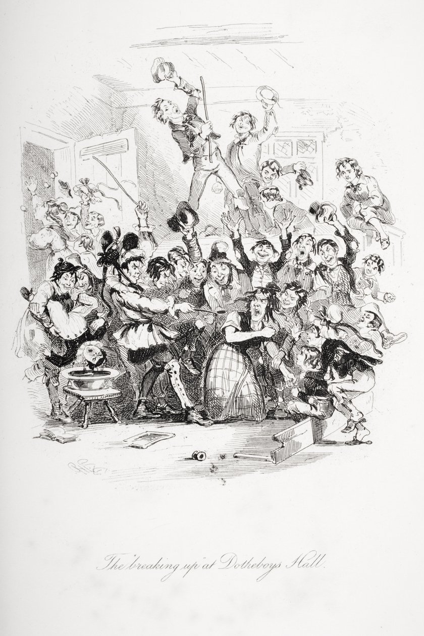 Dotheboys Hallin "hajoaminen", kuvitus Charles Dickensin (1812-70) teoksesta "Nicholas Nickleby", julkaistu 1839. tekijältä Hablot Knight Browne