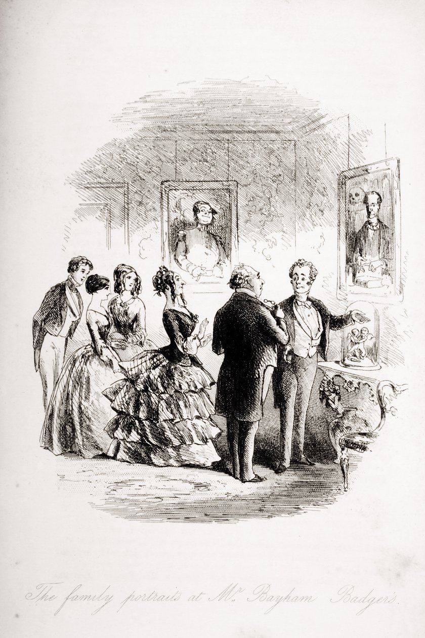 Perhekuvat Mr. Bayham Badgerin luona, kuvitus Charles Dickensin (1812-70) teoksesta "Bleak House", julkaistu 1853 (litho) tekijältä Hablot Knight Browne
