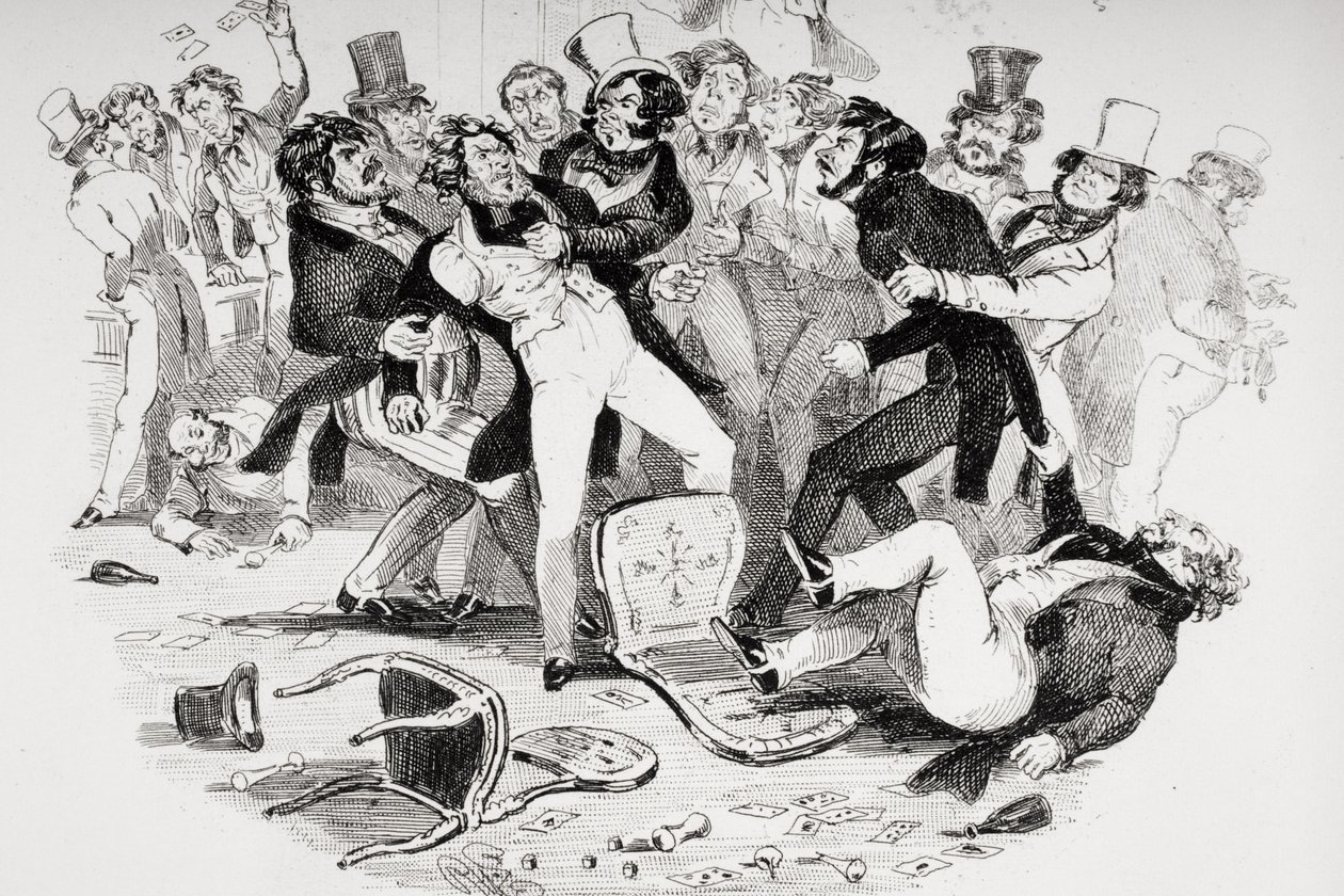 Viimeinen tappelu Sir Mulberryn ja hänen oppilaansa välillä, kuvitus Charles Dickensin (1812-70) teoksesta "Nicholas Nickleby", julkaistu 1839 (litho) (katso myös 249150) tekijältä Hablot Knight Browne