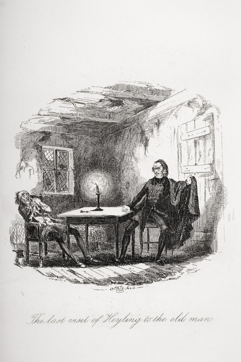 Heylingin viimeinen vierailu vanhan miehen luona, kuvitus Charles Dickensin (1812-70) Pickwick Papersista, julkaistu 1837 tekijältä Hablot Knight Browne