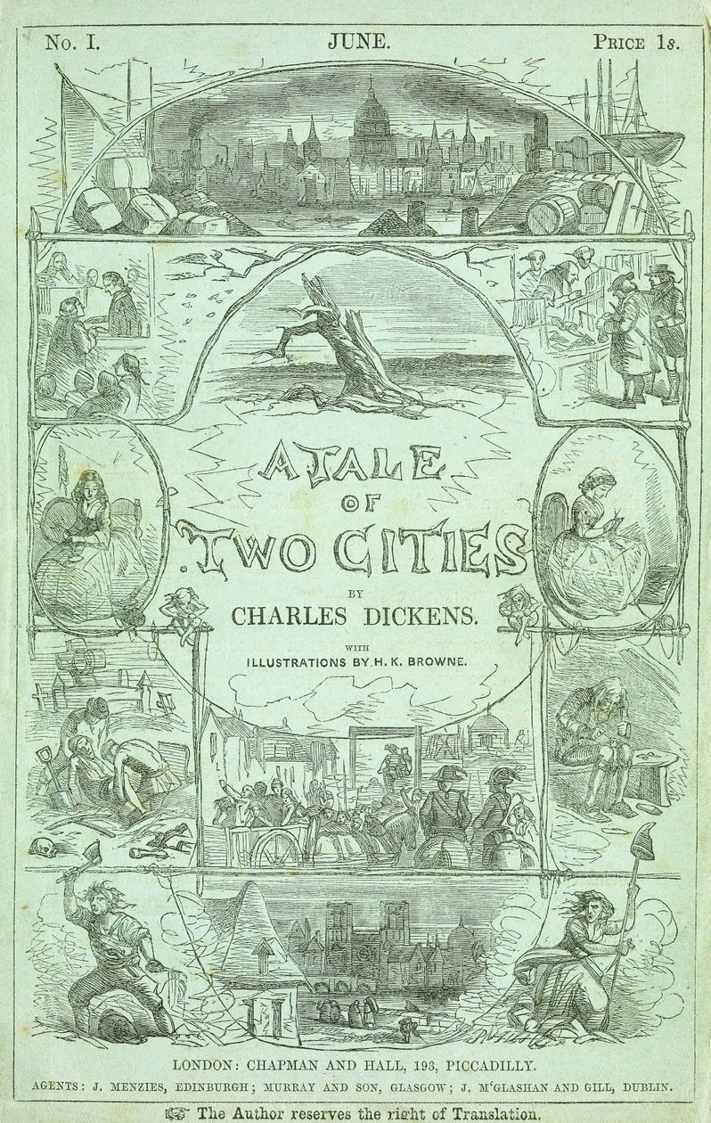 Nimisivu Charles Dickensin kirjan "A Tale of Two Cities" 1859 sarjamuotoisen painoksen ensimmäisestä osasta tekijältä Hablot Knight Browne