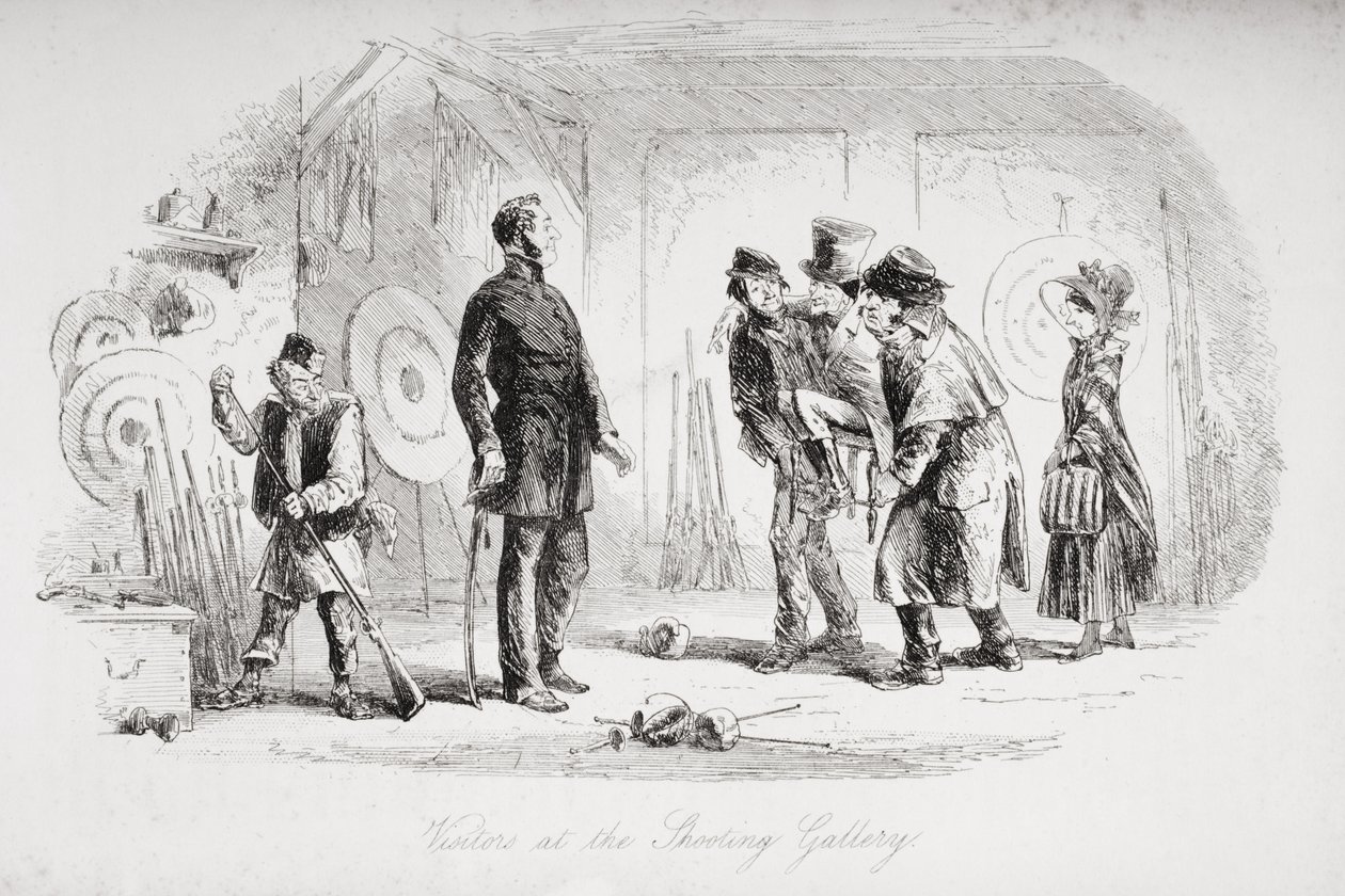 Vierailijat ampumagalleriassa, kuvitus Charles Dickensin (1812-70) 