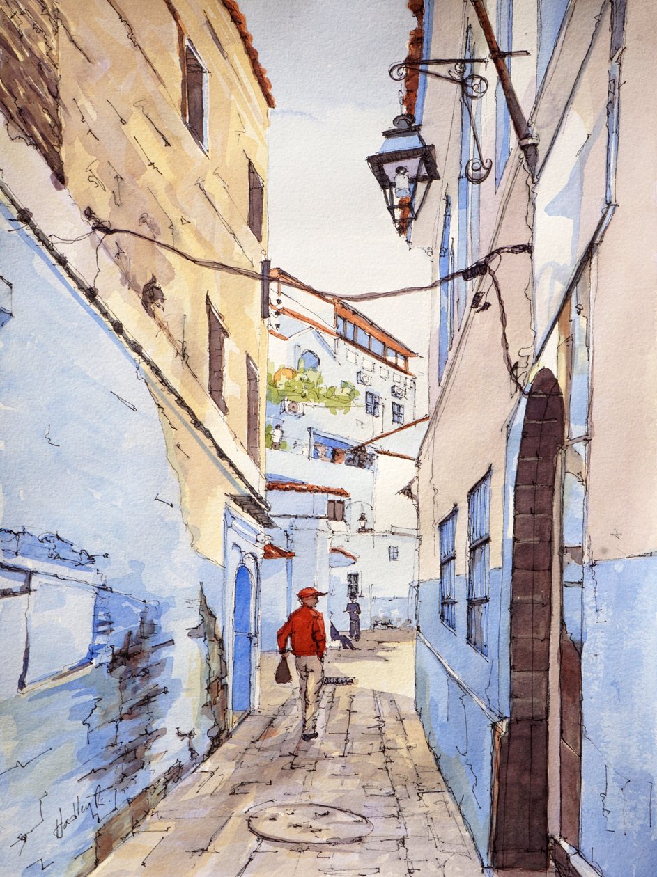 Vierailija, Chefchaouen, Marokko, n.2024 (akvarelli ja tussi). tekijältä Hadley Rampton