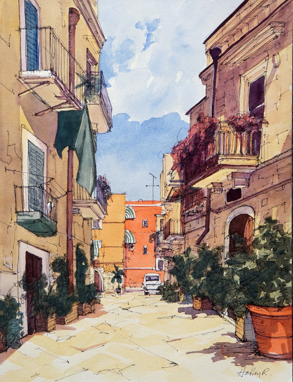 Vanhakaupunki, Bari, Italia, n. 2024 (akvarelli ja tussi paperille). tekijältä Hadley Rampton