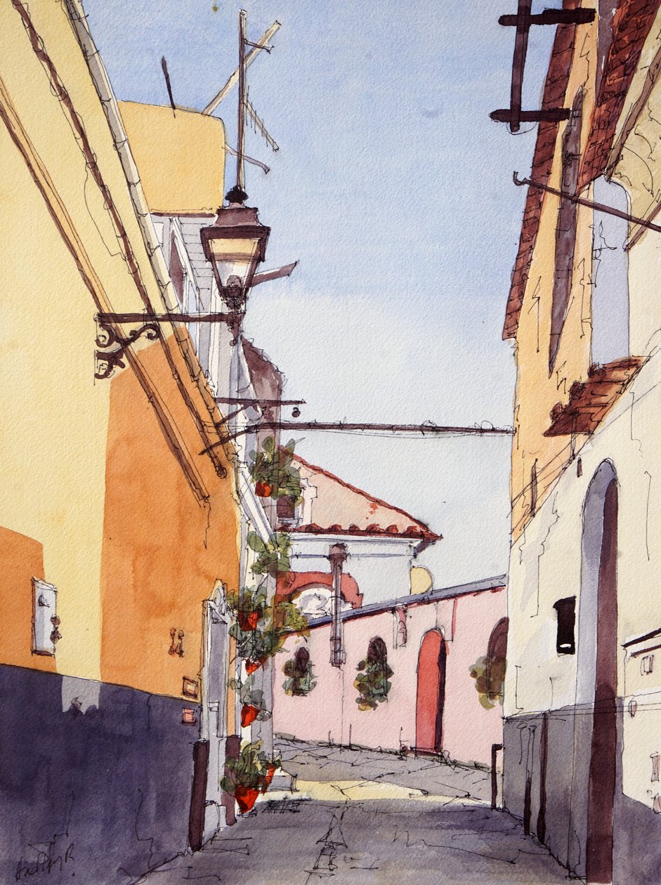 Sivukatu, Positano, Italia, n.2024 (akvarelli ja tussi) tekijältä Hadley Rampton