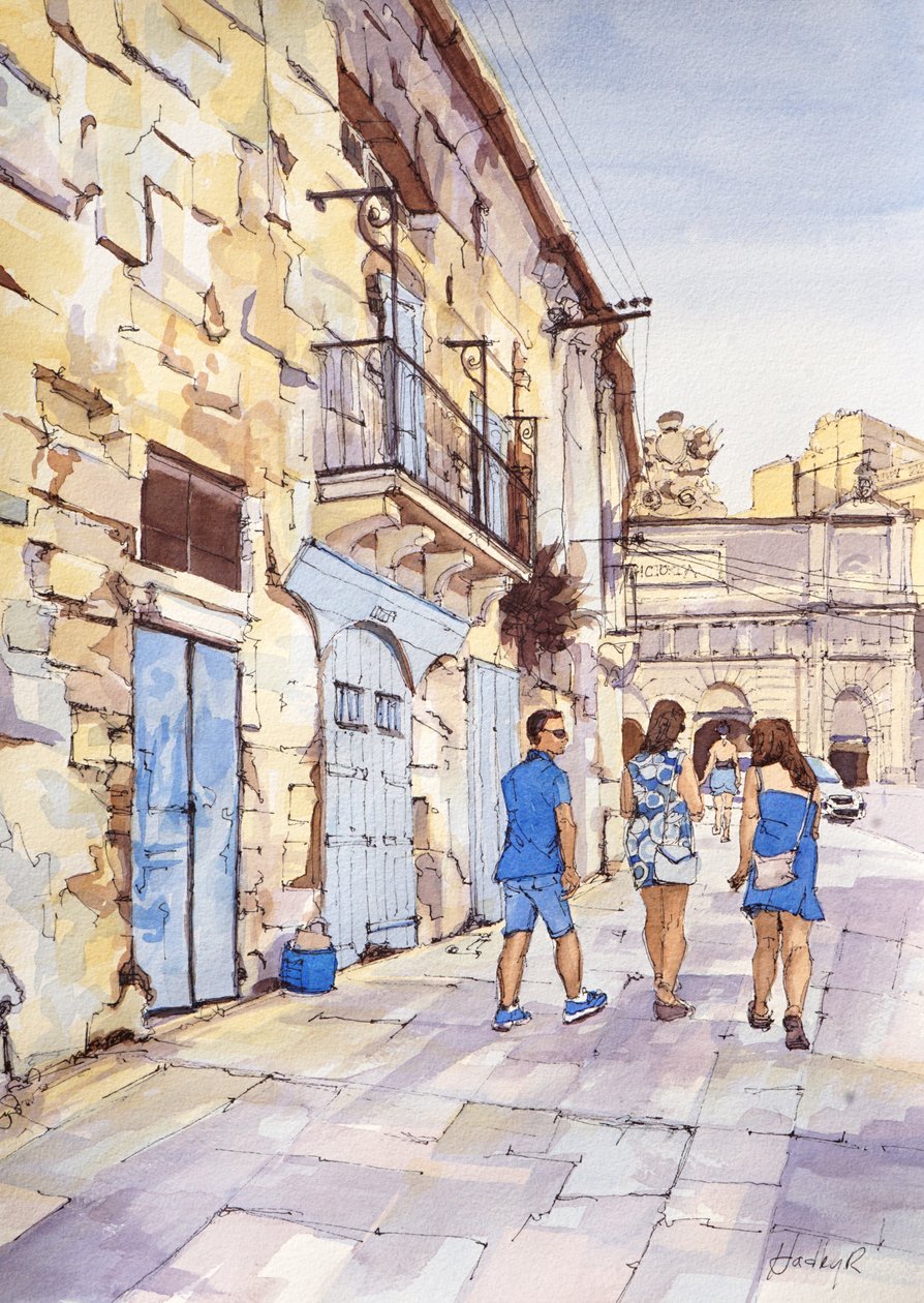 Kolmikko sinisessä, Valletta, Malta, n.2024 (akvarelli ja muste). tekijältä Hadley Rampton