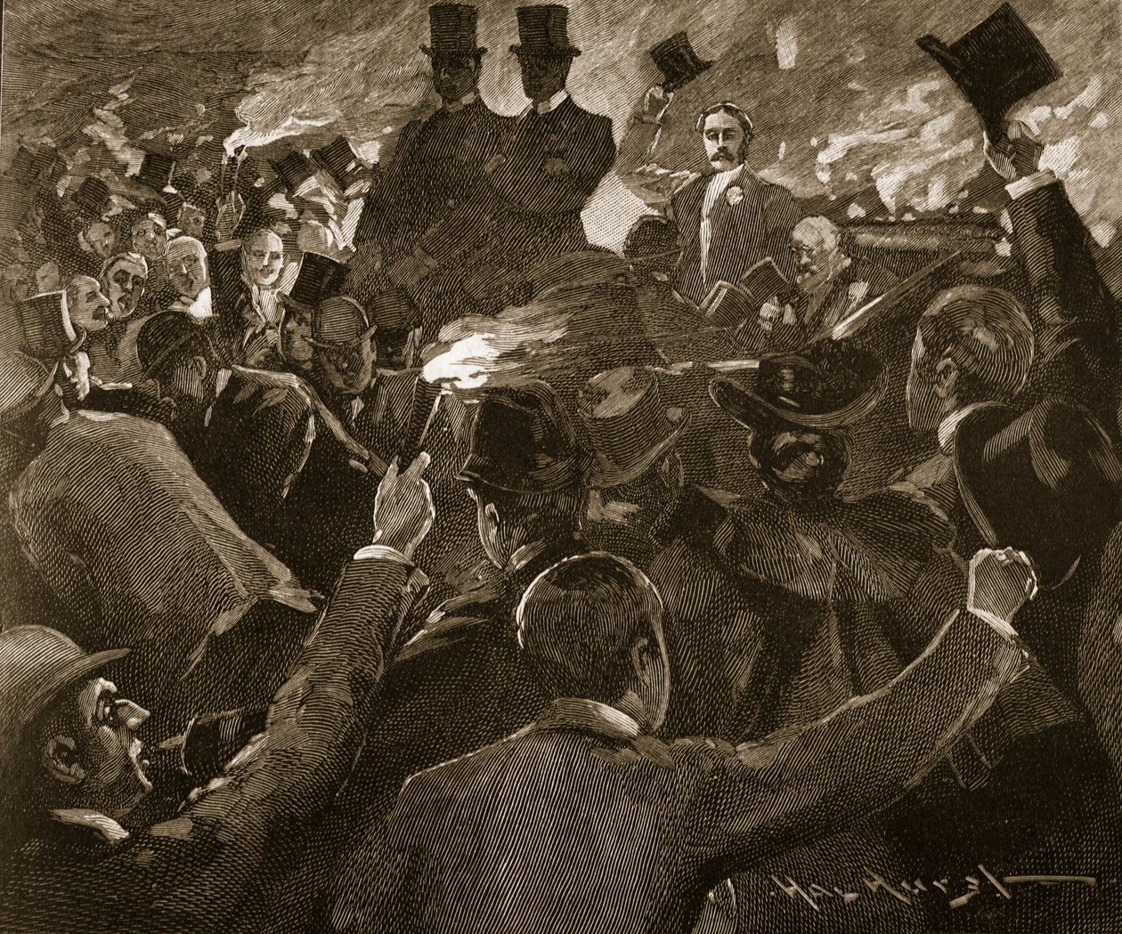 Herra Balfour Dublinissa: soihtuvalokulkue, kuvitus julkaisusta "Cassell