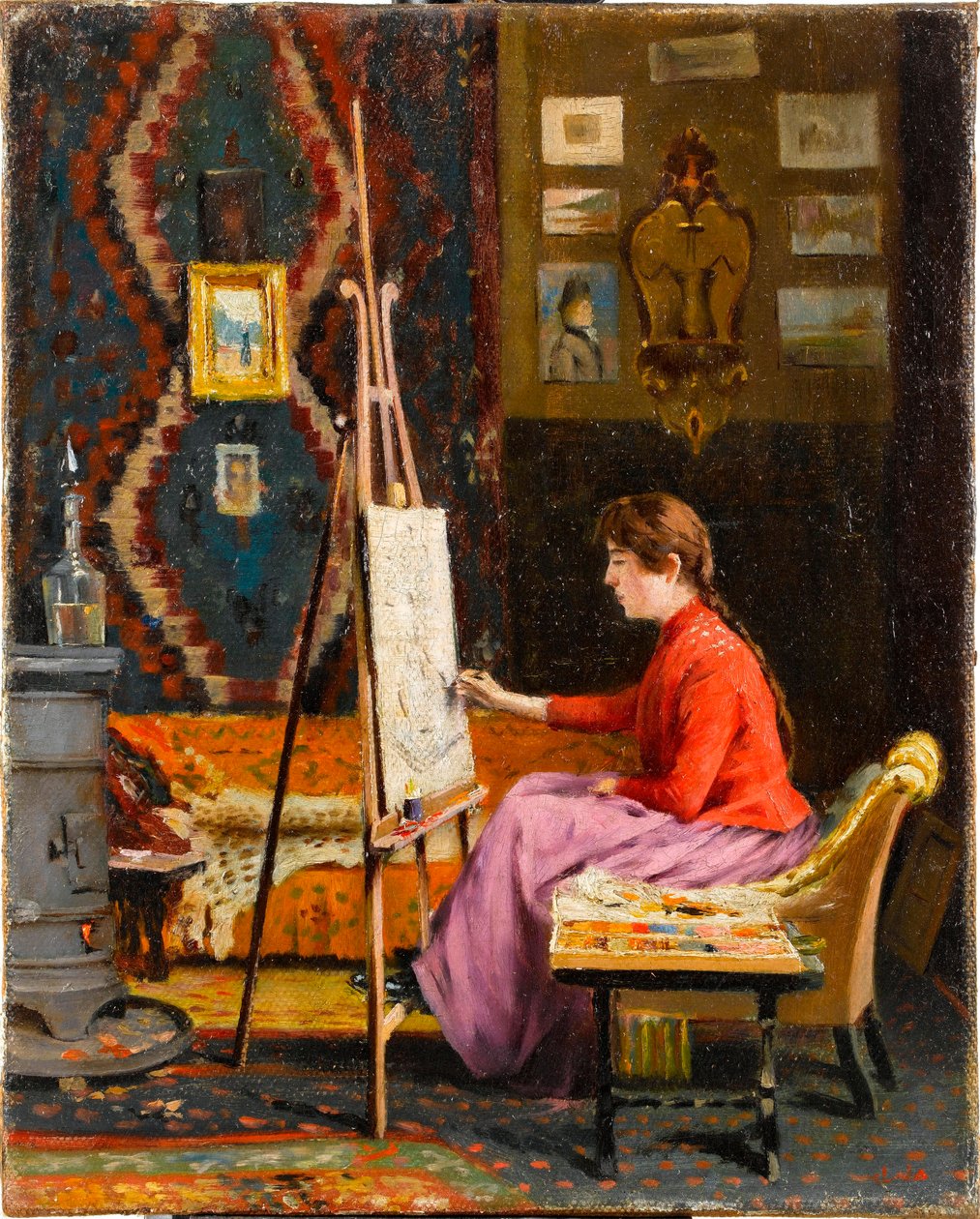 ""Young Girl Painter in Her Studio"" (Girl Painter and Her Studio) Halil Pashan (Pasa, Pacha) maalaus (1857-1939) 1939 Öljy kankaalle Koko 41x33 cm Sakip Sabanci -museo, Istanbul tekijältä Halil Pasha