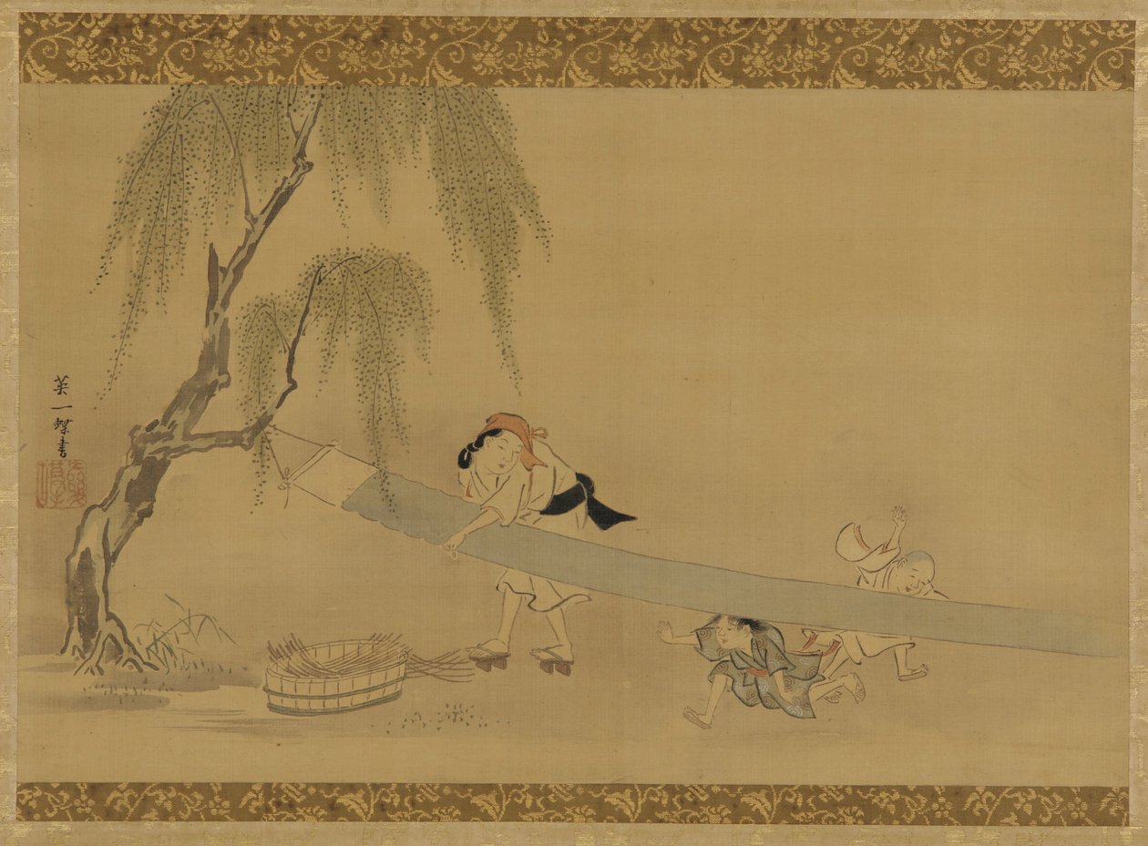 Nainen venyttelee kangasta kuivumaan, kaksi lasta leikkimässä, Edo-kausi, 1600-luvun loppu - 1700-luvun alku. tekijältä Hanabusa Itcho