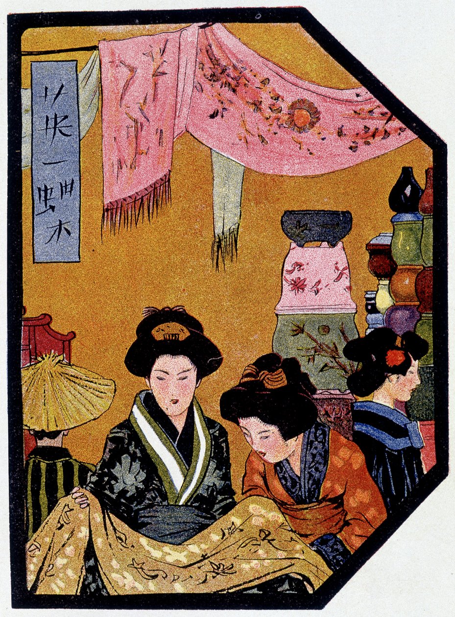 Nuori japanilainen silkkikaupoissa - Félicien Champsaurin ””japanilaisessa nukkessa”, ill. Hanafusa Itcho, Pariisi tekijältä Hanabusa Itcho