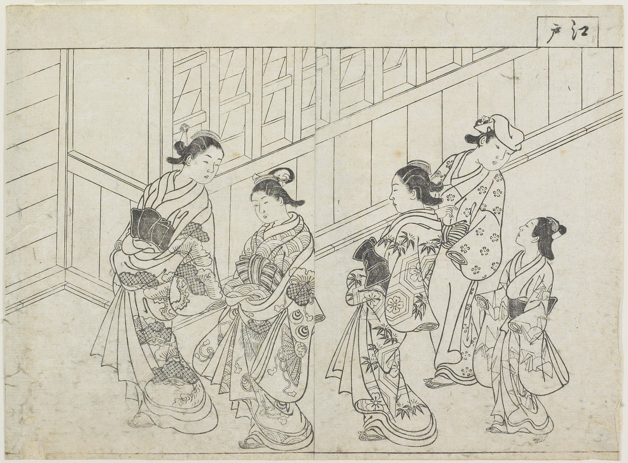 Viisi prostituoitua talon edessä, 1770-luvun alku (puupainatus) tekijältä Hanabusa Shigenobu