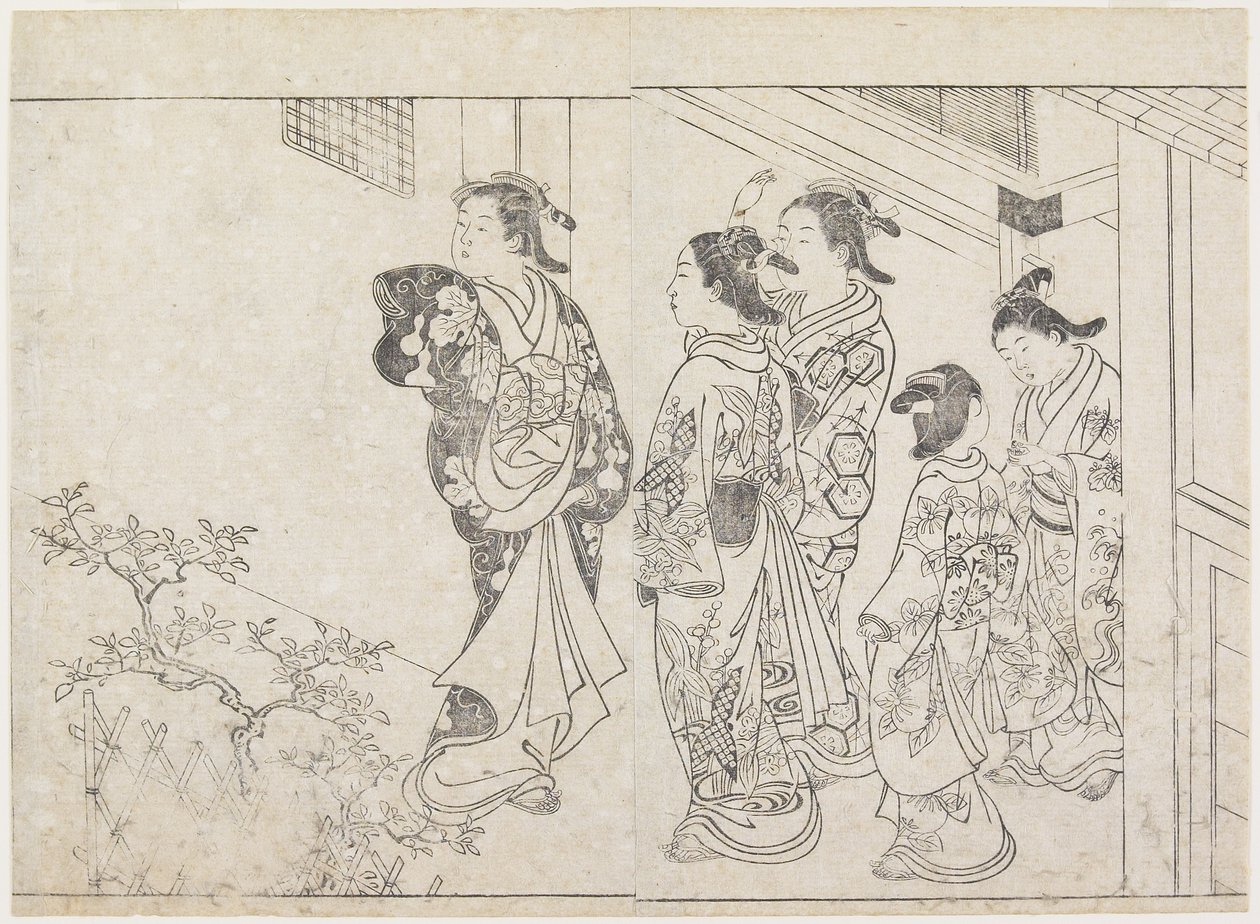 Viisi prostituoitua sisäpihalla, 1770-luvun alku (puupainatus) tekijältä Hanabusa Shigenobu