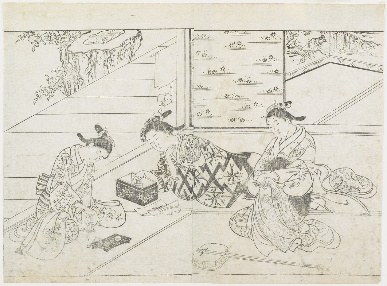 Kolme prostituoitua huoneessa, 1770-luvun alku (puupainatus) tekijältä Hanabusa Shigenobu