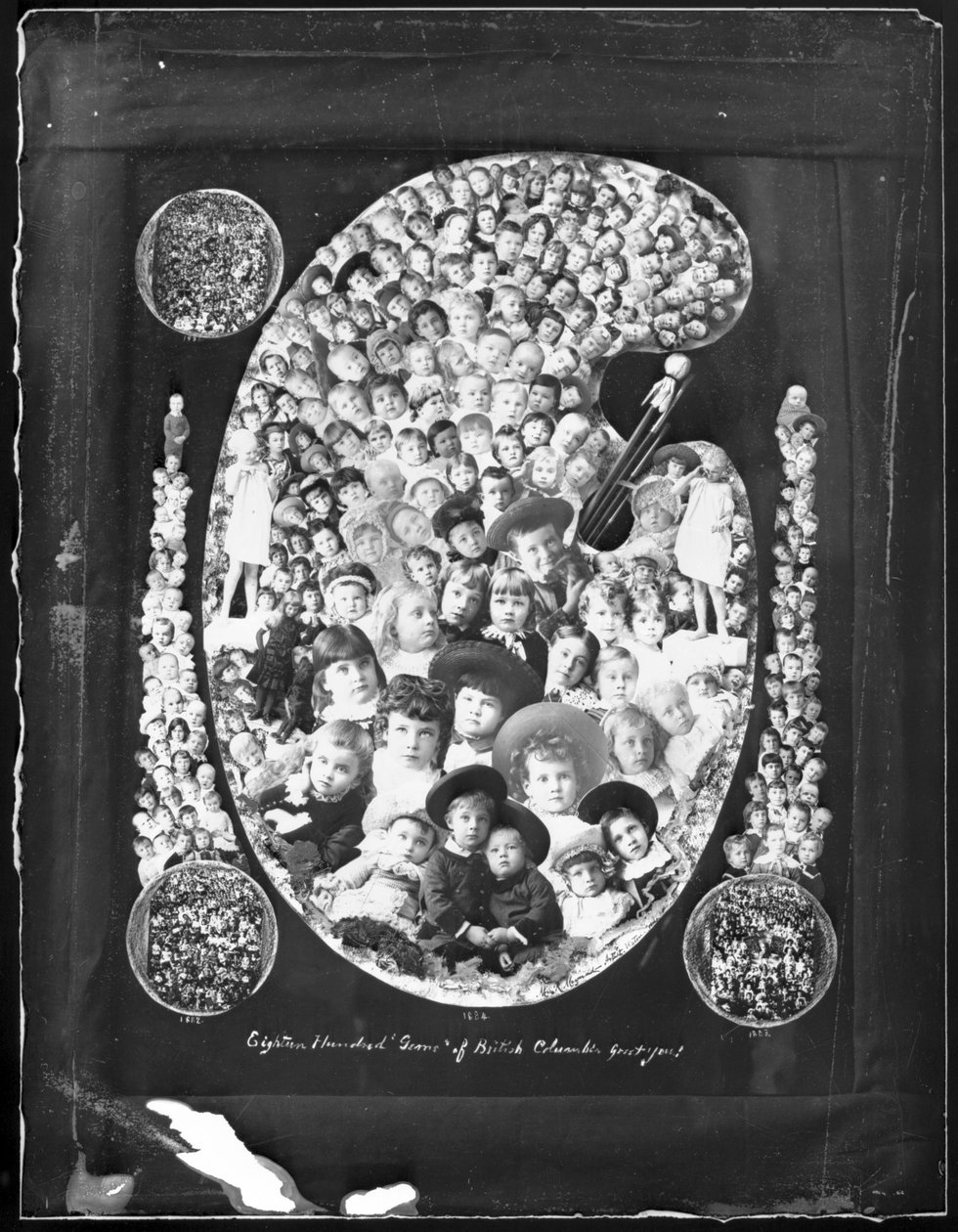 1884; Kahdeksantoista sataa Brittiläisen Kolumbian jalokiveä tervehtii teitä!; edellisenä vuonna otetuista lasten muotokuvista koostettu yhdistelmäkuva, 1885 (svetokuvana). tekijältä Hannah Maynard
