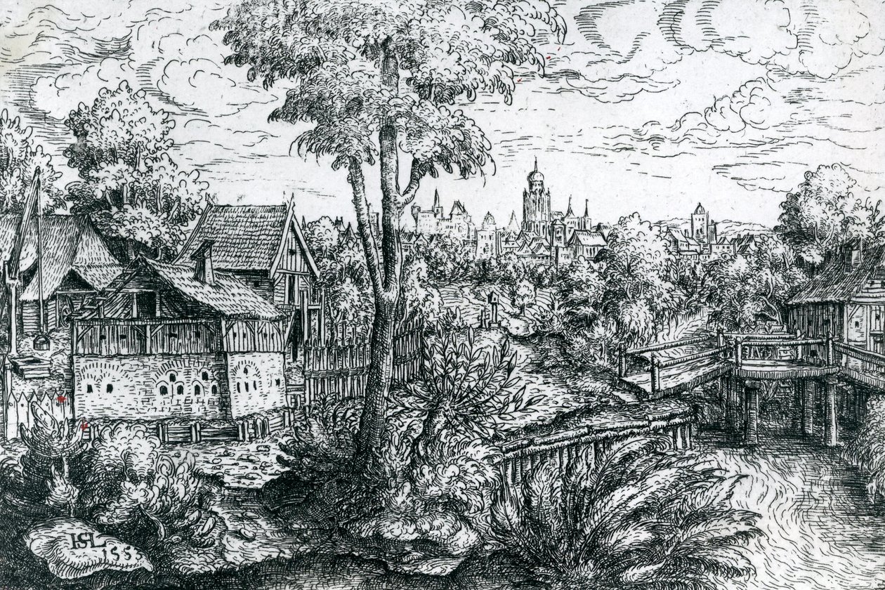 Silta vesimyllyn lähellä, 1553 tekijältä Hanns Sebald Lautensack