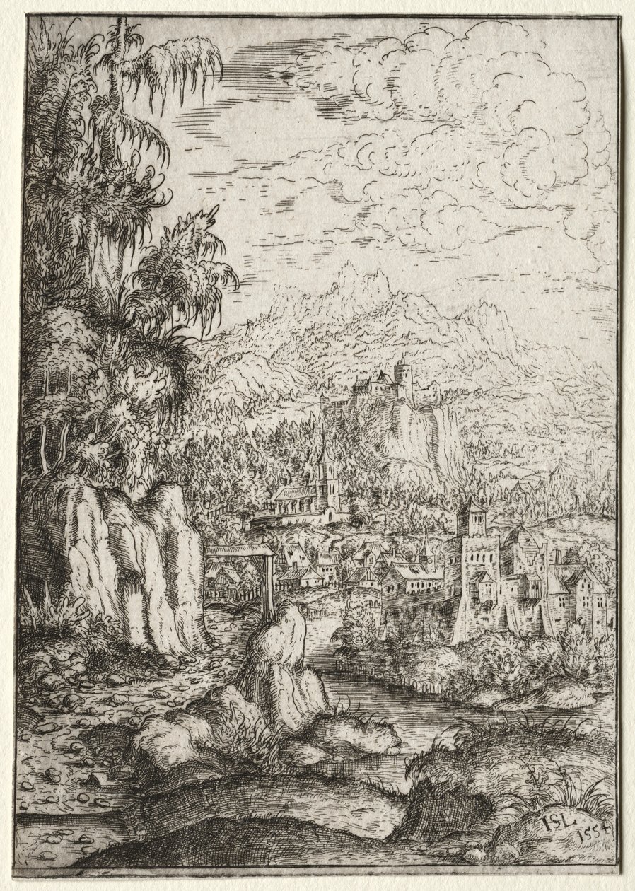 Maisema tiellä linnaan saarella joessa, 1554. tekijältä Hanns Sebald Lautensack