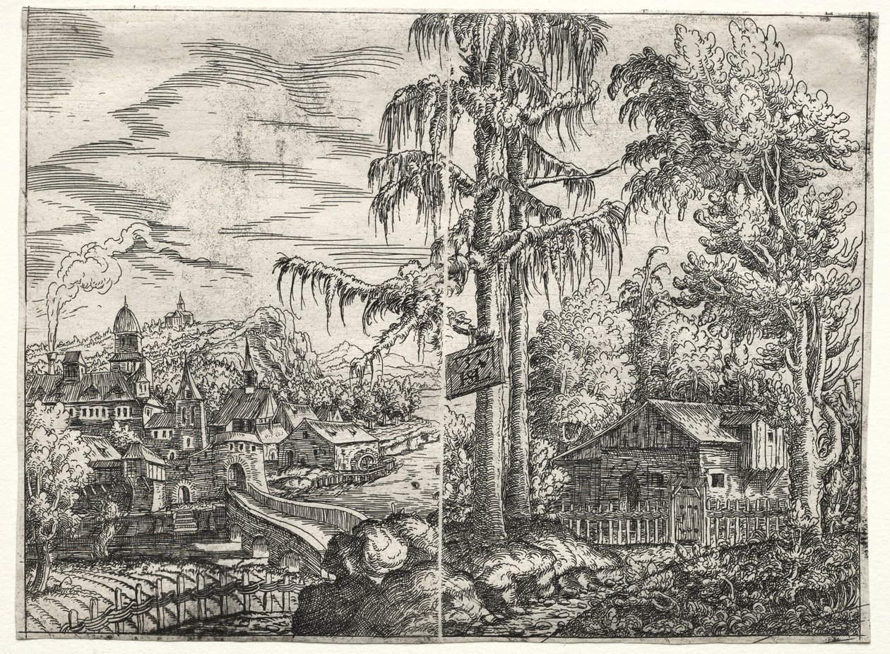 Maisema, jossa on kaupunki joen rannalla ja mökki puiden välissä, 1551. tekijältä Hanns Sebald Lautensack