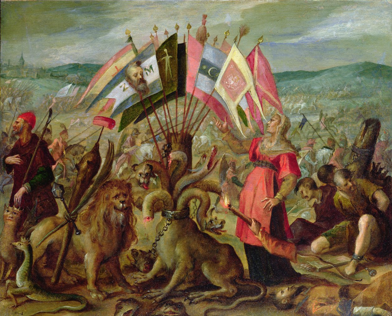 Allegoria Turkin sodista: Kronstadtin taistelu, 160304 (kankaalle kiinnitetty paperi tai pergamentti) tekijältä Hans von Aachen