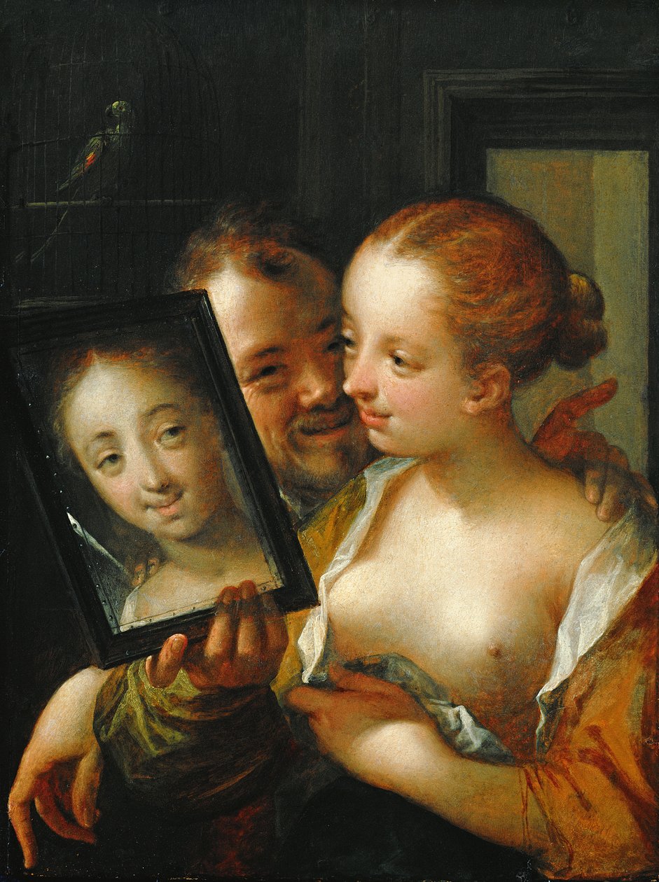 Naurava pariskunta peilin kanssa, 1596 tekijältä Hans von Aachen