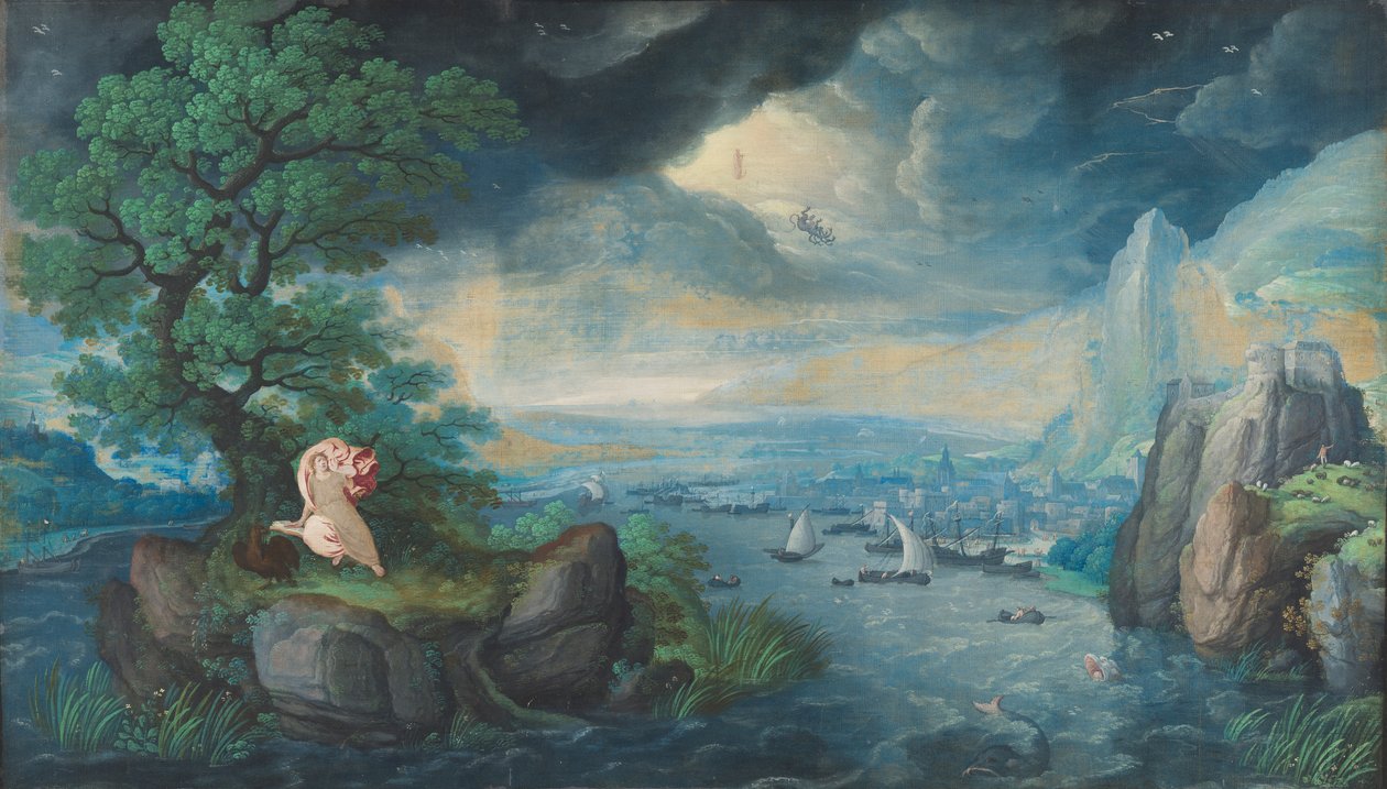 Fantasielandschap tapasi Johannes de Evangelist op Patmos tekijältä Hans Bol