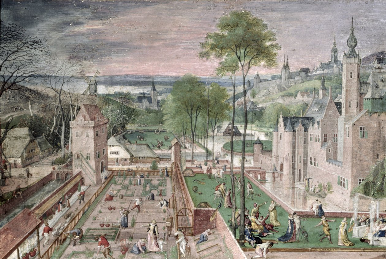 Kevät linnan puutarhassa, 1584 (guassi paperille aluksella) tekijältä Hans Bol