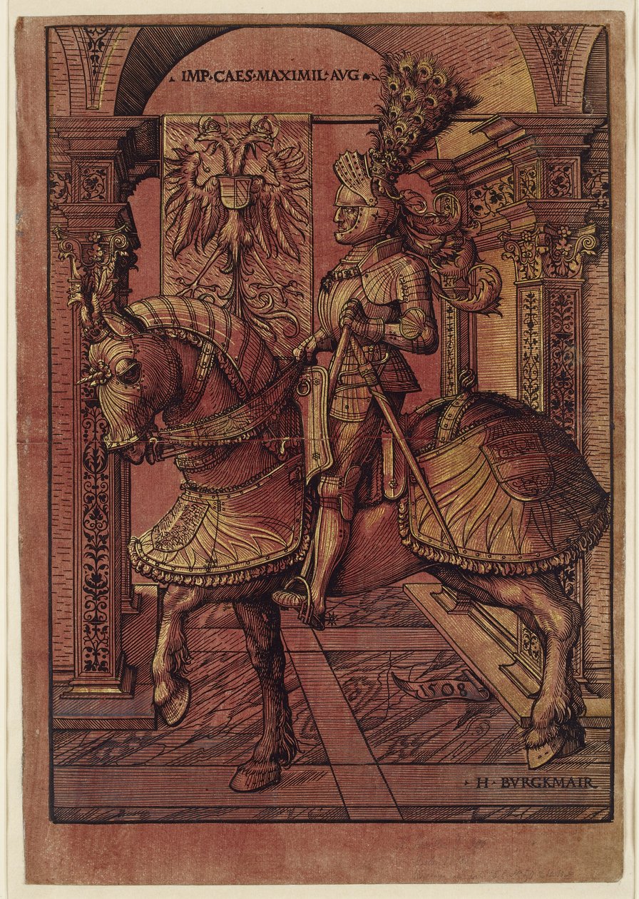 Keisari Maximilian I, aseistettu hevosen selässä, 1508 (chiaroscuro-puupiirros) tekijältä Hans Burgkmair