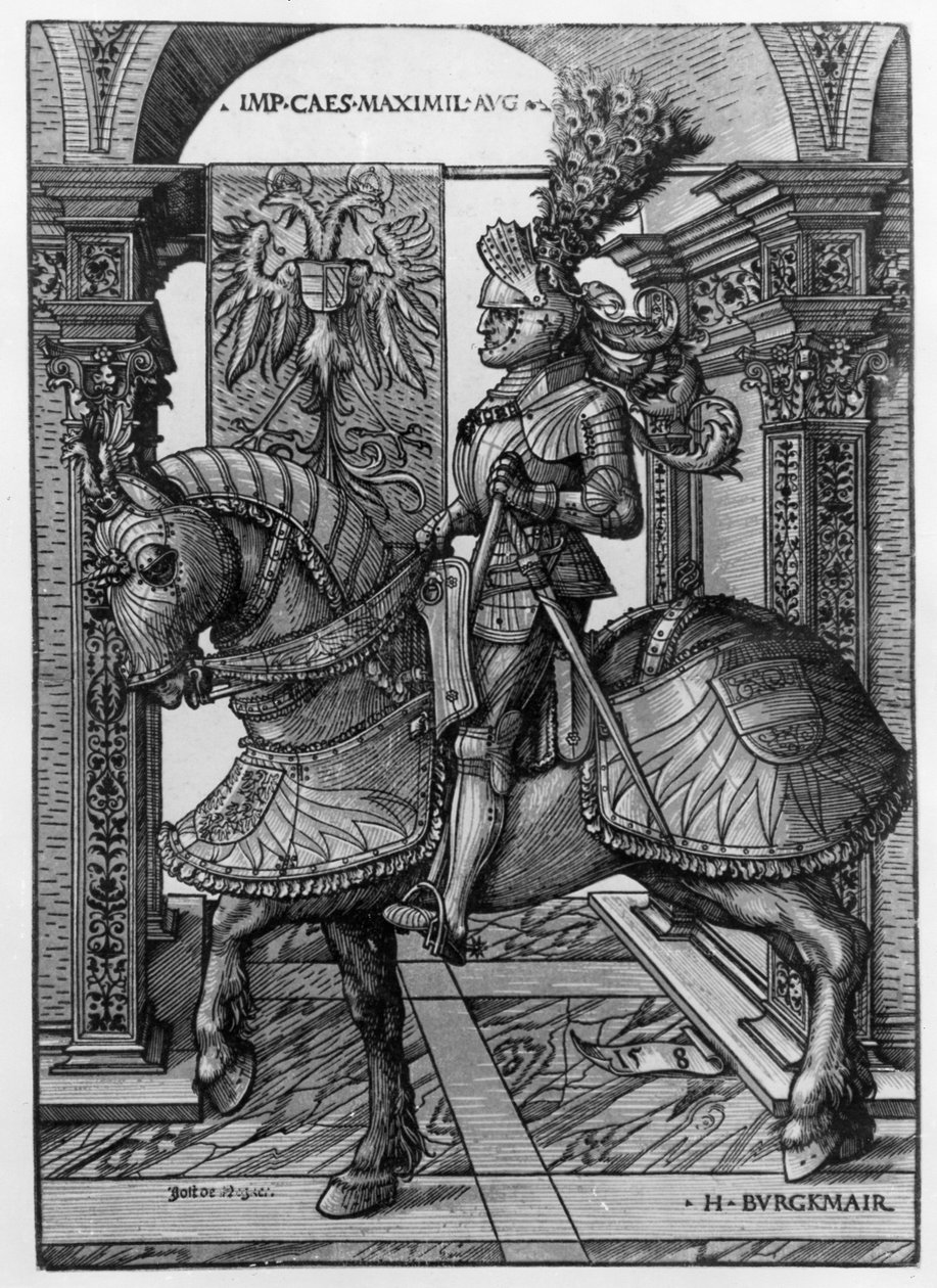 Maximilian I:n (1459-1519) ratsastusmuotokuva n. 1508 tekijältä Hans Burgkmair