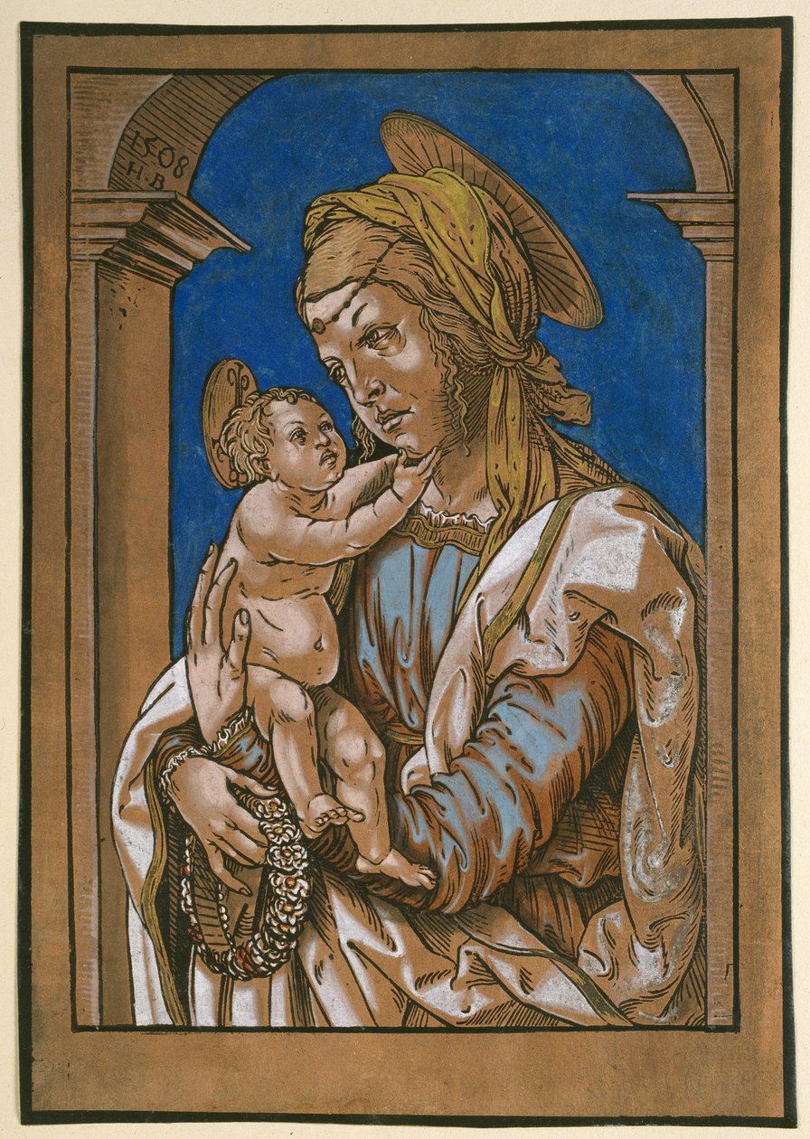 Madonna ja lapsi kaaren alla, 1508 (puupiirros, ylityöstetty vesi- ja vartaloväreillä) tekijältä Hans Burgkmair