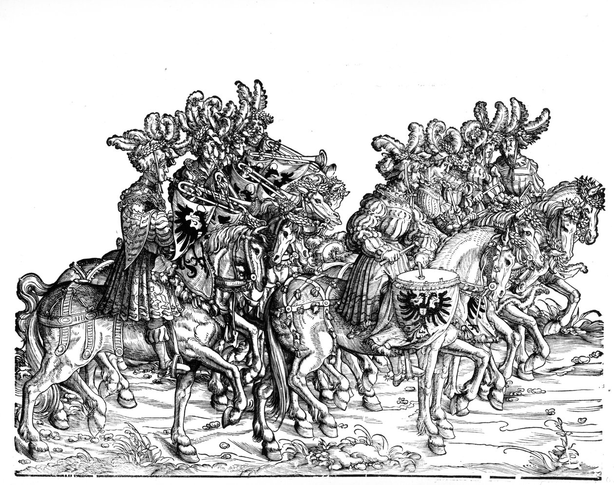 Kymmenen muusikkoa Maximilian I:n voittokulkueesta, n. 1517 tekijältä Hans Burgkmair