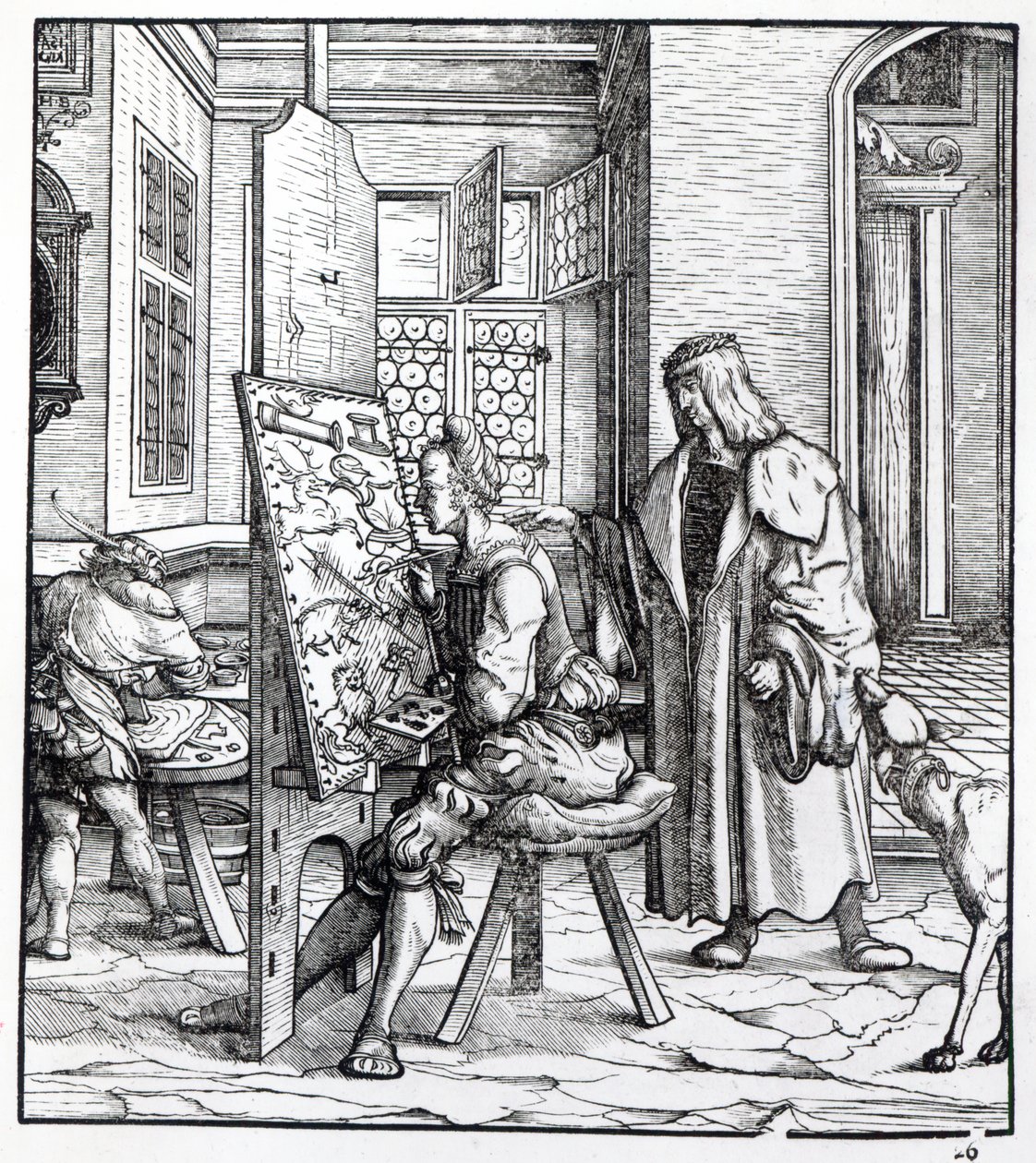 Keisari taiteilijastudiossa, kuvitus "Der Weisskunigista", n. 1509-18 tekijältä Hans Burgkmair