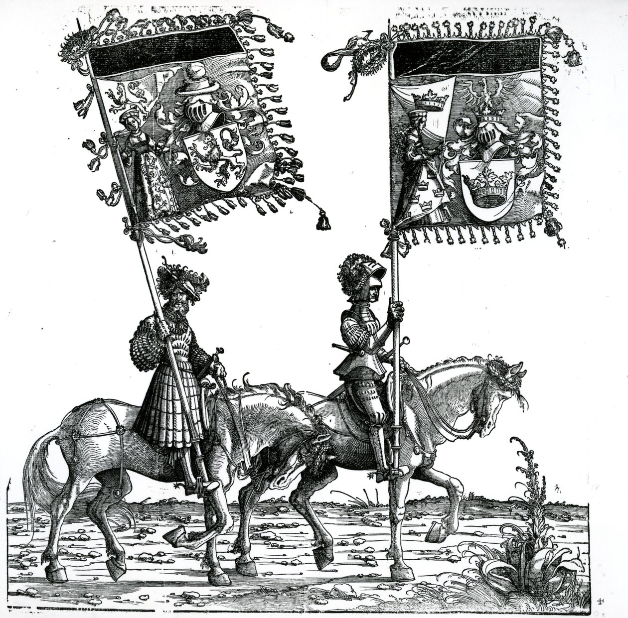 Kaksi ritaria, keisari Maximilian I:n voittokulkueesta, n. 1517 tekijältä Hans Burgkmair