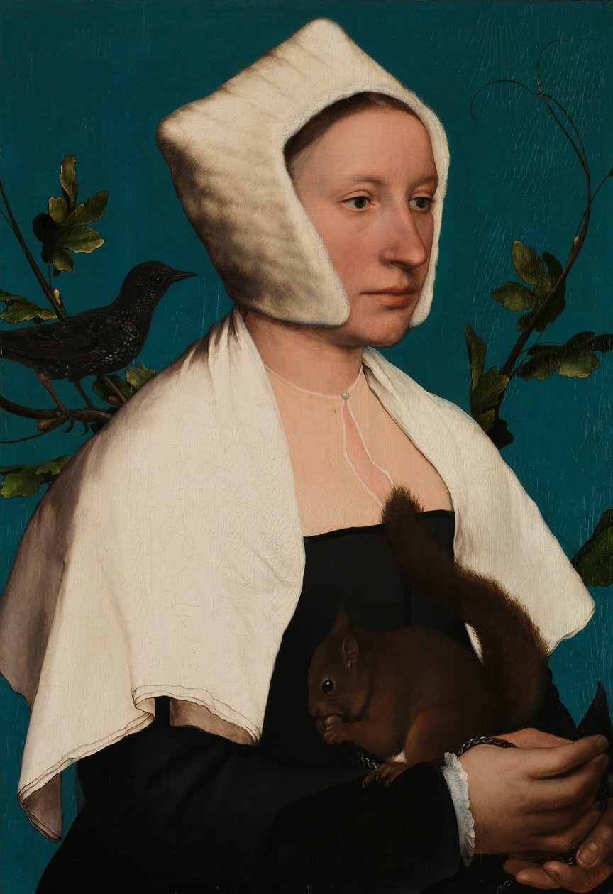 Muotokuva naisesta, jolla on orava ja kottarainen, luultavasti Anne Lovell tekijältä Hans Holbein