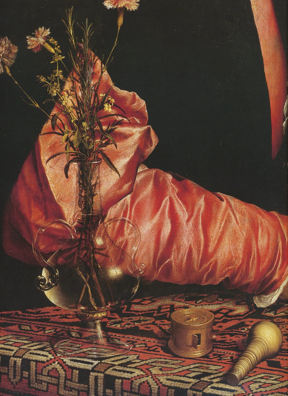 Kauppias Georg Giszen muotokuva (hihan ja kukkien yksityiskohdat) tekijältä Hans Holbein