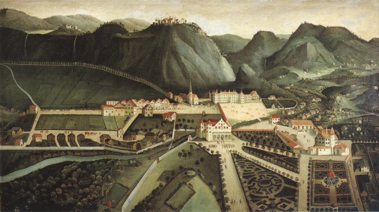 Ansicht von Hohenems mit Schloss, Lusthaus und Gartenanlage tekijältä Hans Jakob Noppis