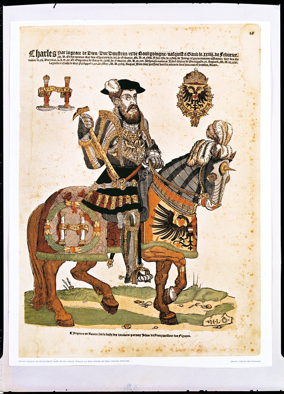 Kaarle V:n ratsastusmuotokuva panssarissa (1500-58) (värikaiverrus) tekijältä Hans Liefrinck