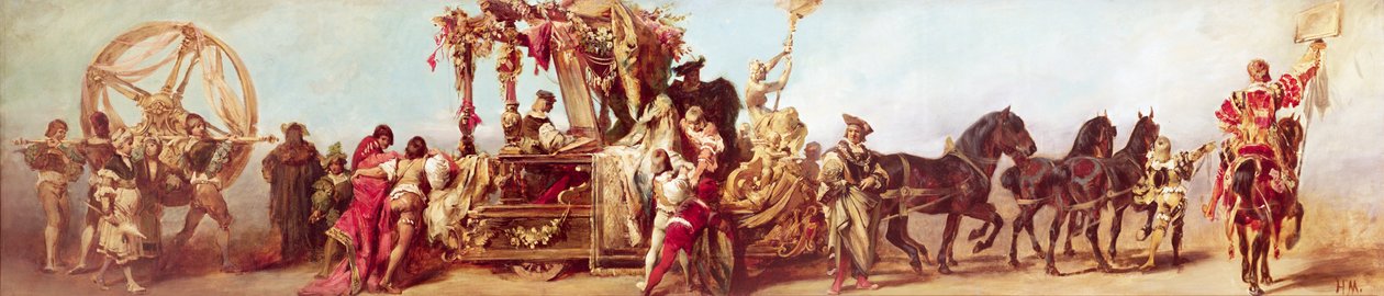Suunnittelu Itävallan keisari Franz Joseph I:n juhlakulkueelle: Tekstiiliteollisuus, 1879 tekijältä Hans Makart