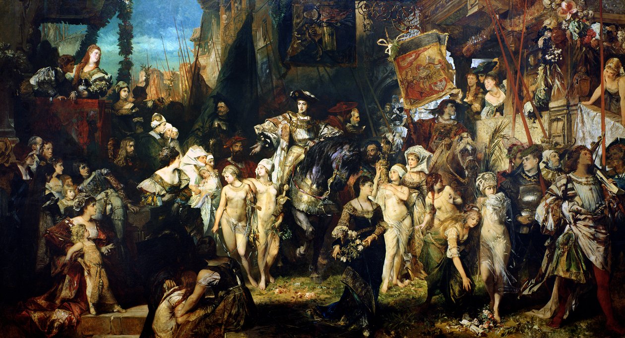 Keisari Kaarle V:n (1500-58) sisäänkäynti Antwerpeniin vuosina 1520, 1878 (katso myös 141422, 141423 ja 141424) tekijältä Hans Makart