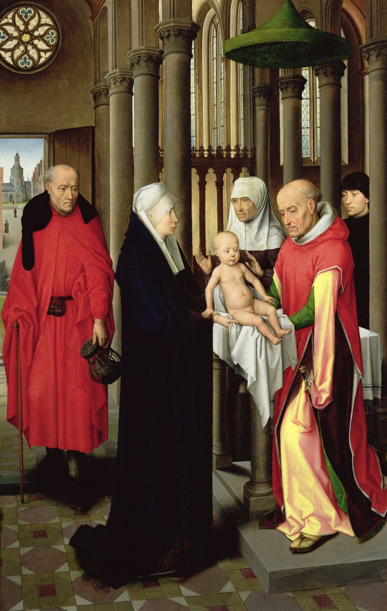 Maagien palvonta: Triptyykin oikea siipi, joka kuvaa esitystä temppelissä, n. 1470-1472 tekijältä Hans Memling