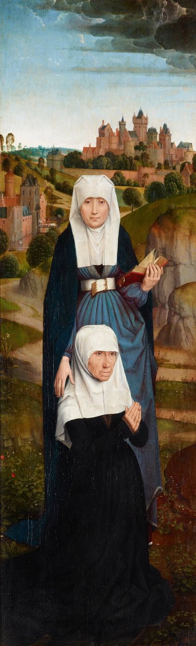 Vanha nainen rukoilemassa Pyhän Annan kanssa tekijältä Hans Memling
