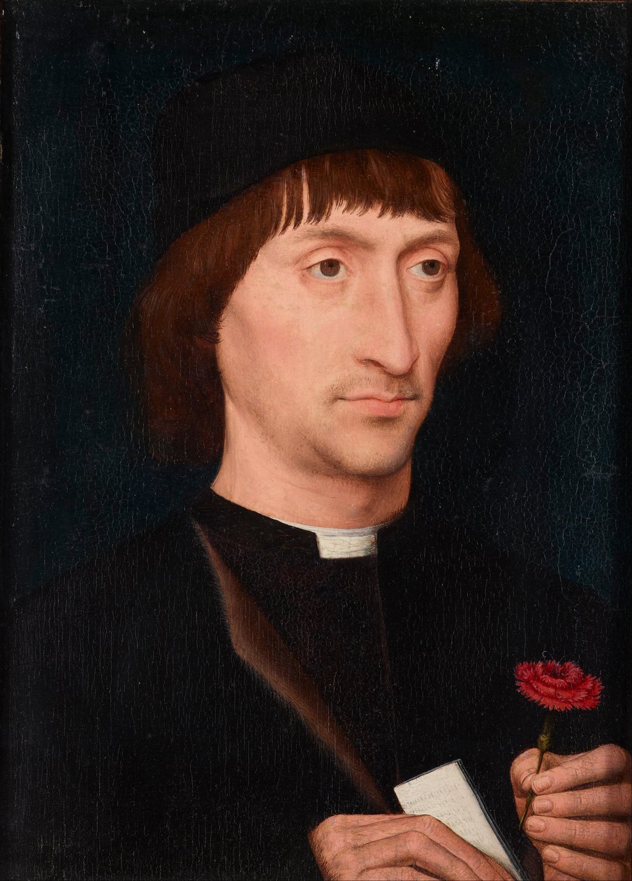 Muotokuva miehestä, jolla on vaaleanpunainen tekijältä Hans Memling