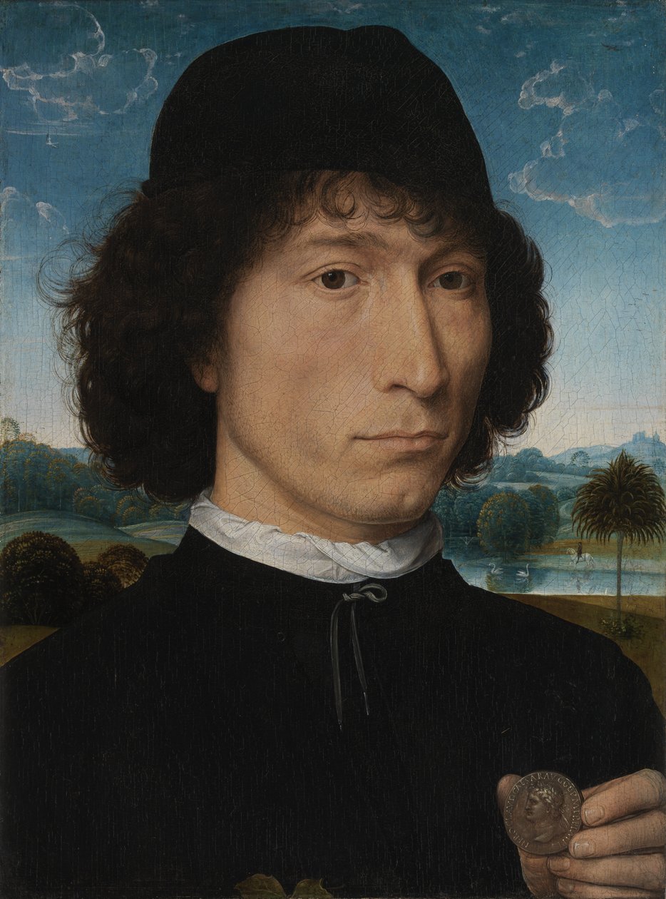 Muotokuva miehestä, jolla on roomalainen kolikko tekijältä Hans Memling