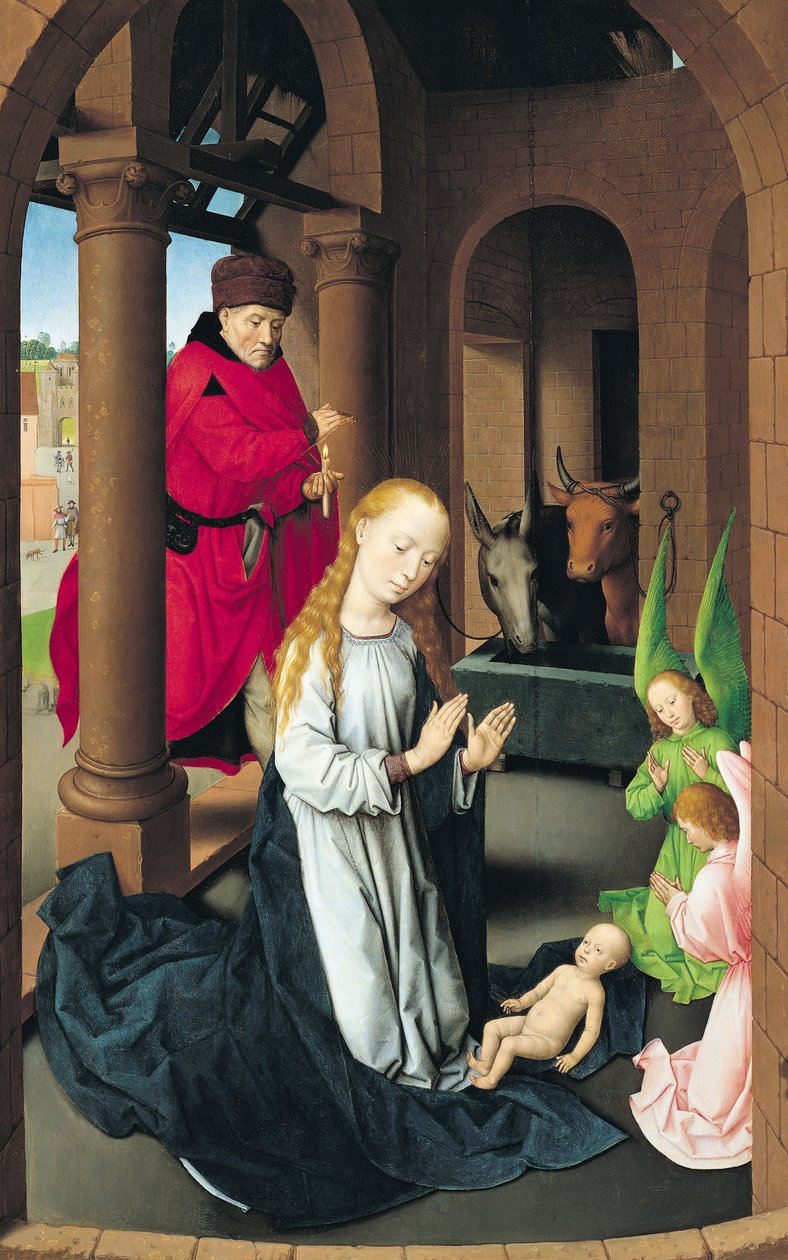 Syntymä, tietäjien palvonnan triptyykin vasen siipi, n. 1470-1472 tekijältä Hans Memling